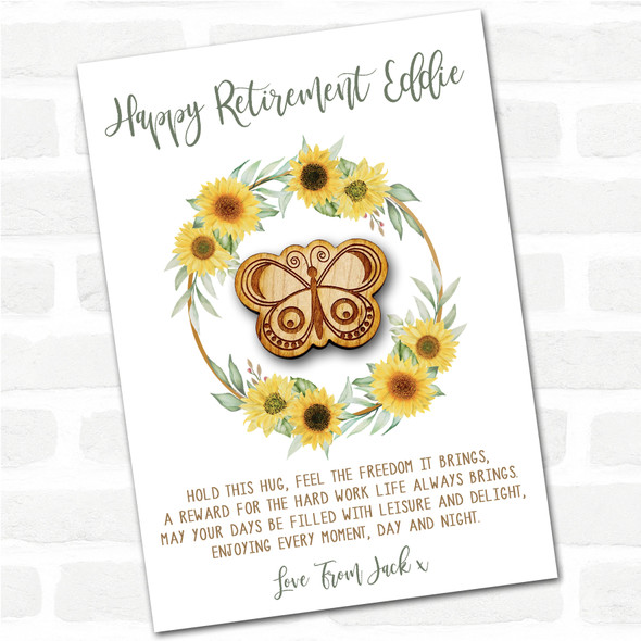 Butterfly Spots Happy Retirement Sunflower Personalised Gift Pocket Hug