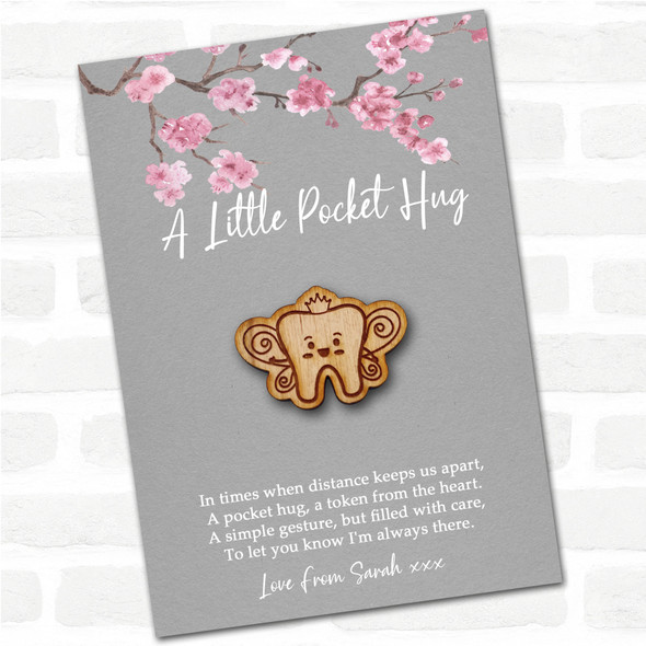 Big Tooth Fairy Crown & Wings Grey Pink Blossom Personalised Gift Pocket Hug