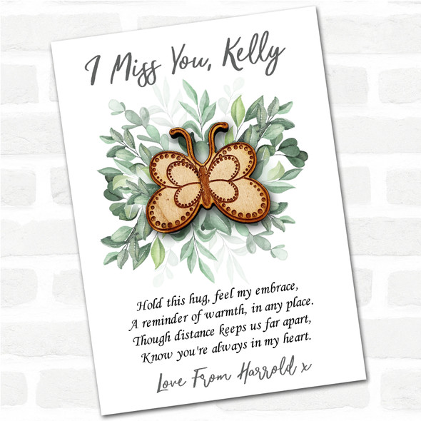 Dotty Outline Butterfly Green Leaves I Miss You Personalised Gift Pocket Hug