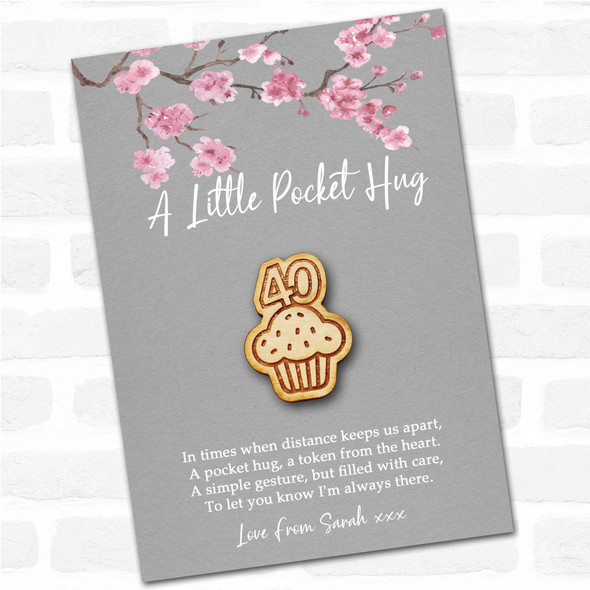 Cupcake 40 Grey Pink Blossom Personalised Gift Pocket Hug