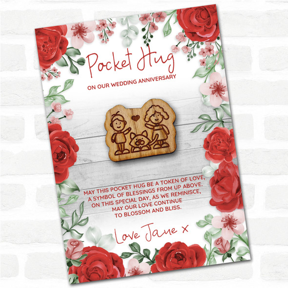 2 Children & Their Dog Roses Wedding Anniversary Personalised Gift Pocket Hug