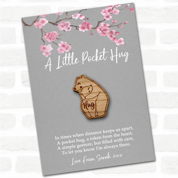 Parent Child Bears Grey Pink Blossom Personalised Gift Pocket Hug