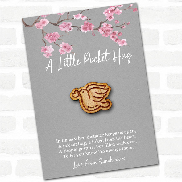 Dove A Heart In Mouth Grey Pink Blossom Personalised Gift Pocket Hug
