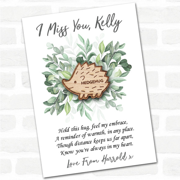 Cute Smiling Hedgehog Green Leaves I Miss You Personalised Gift Pocket Hug