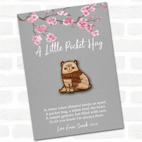 Sweet Winter Bear Grey Pink Blossom Personalised Gift Pocket Hug