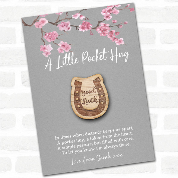 Lucky Horseshoe Grey Pink Blossom Personalised Gift Pocket Hug