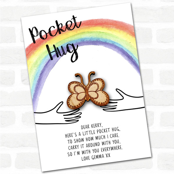Dotty Outline Butterfly Rainbow Personalised Gift Pocket Hug