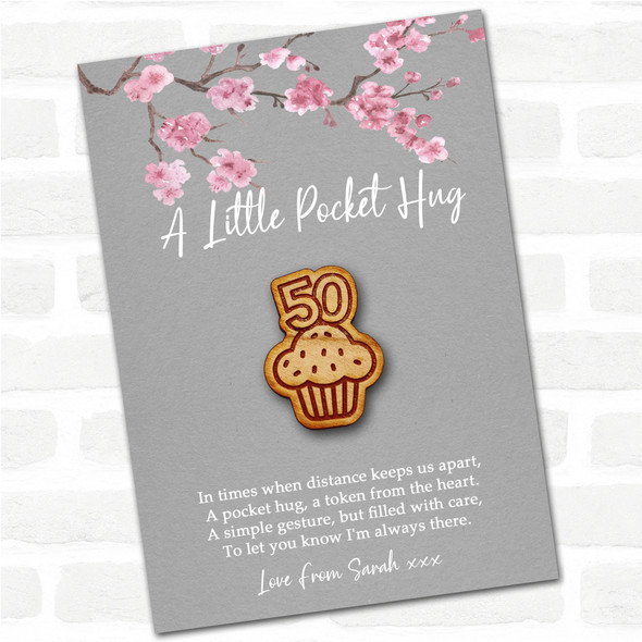 Cupcake 50 Grey Pink Blossom Personalised Gift Pocket Hug