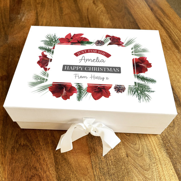 Happy Christmas Red Flowers Romantic Festive Floral Border Personalised Gift Box