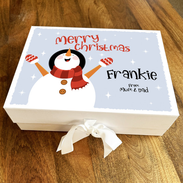 Happy Snowman Stars Merry Christmas Baby Blue Personalised Xmas Hamper Gift Box