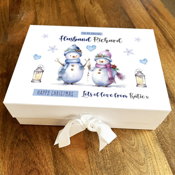 Husband Snowman Christmas Lilac Blue Watercolour Personalised Hamper Gift Box