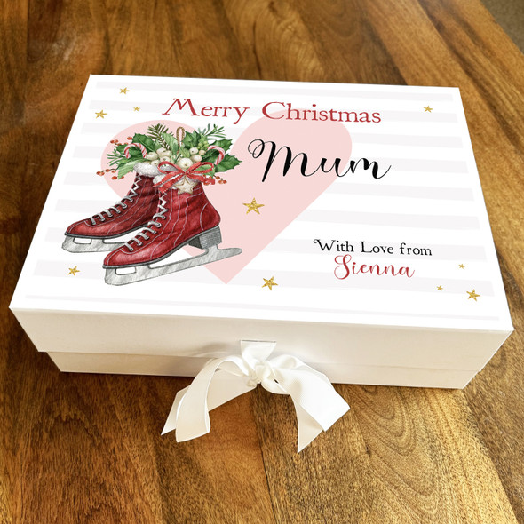 Merry Christmas Mum Vintage Red Ice Skates Festive Foliage Personalised Gift Box
