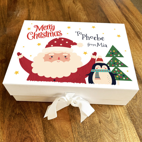 Santa With Penguin Merry Christmas Stars Tree Personalised Xmas Hamper Gift Box
