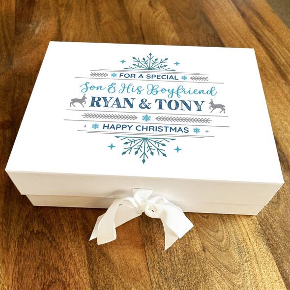 Son & His Boyfriend Happy Christmas Blue Deer  Personalised Xmas Hamper Gift Box