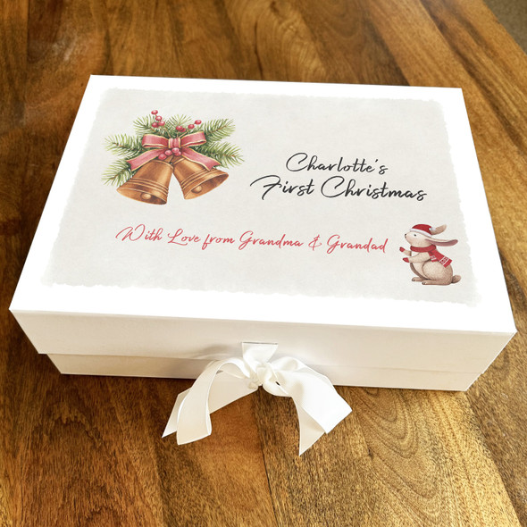 Babies 1st Christmas Bells Green Festive & Bunny Personalised Hamper Gift Box