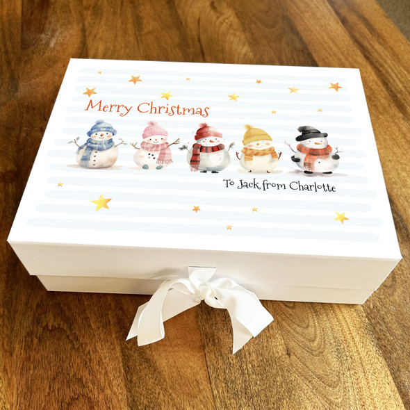 Watercolour Snowmen Hats Stars Merry Christmas Personalised Xmas Hamper Gift Box