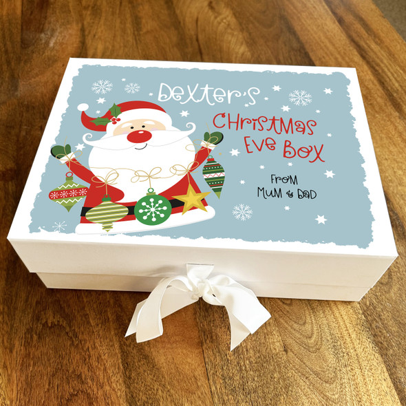 Cute Santa Claus Christmas Eve Box Blue Winter Snowflakes Personalised Gift Box