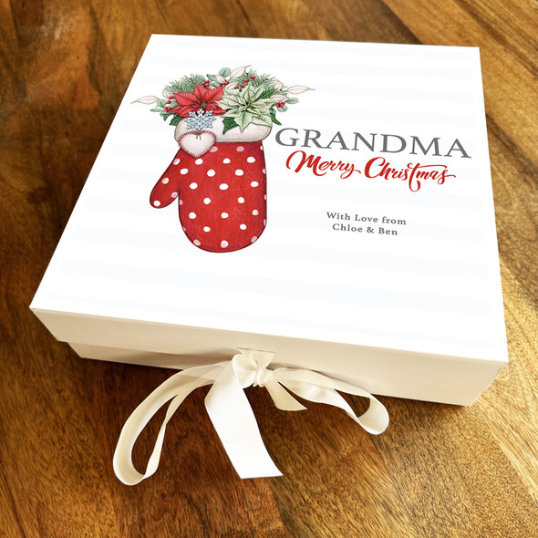 Merry Christmas Grandma Floral Red Mitten Personalised Square Hamper Gift Box