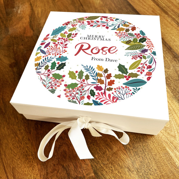 Merry Christmas Round Winter Floral Wreath Personalised Square Hamper Gift Box