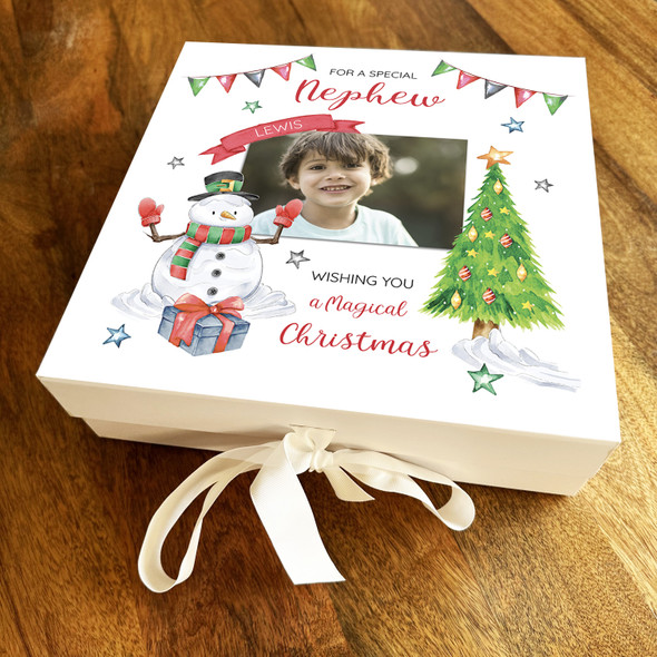 Nephew Magical Christmas Photo Snowman Bunting Personalised Square Gift Box