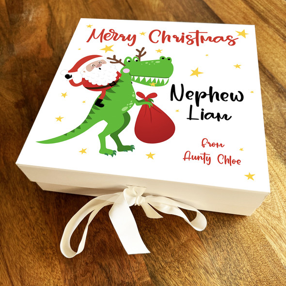 Nephew Merry Christmas Dinosaur Santa Claus Personalised Square Hamper Gift Box