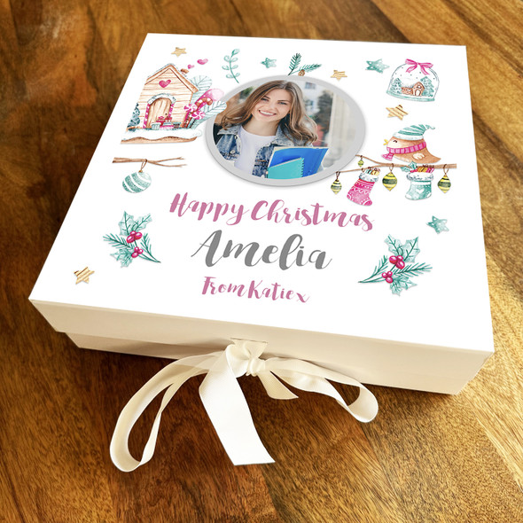 Pretty Pink Winter Scene Icons Photo Happy Christmas Personalised Gift Box