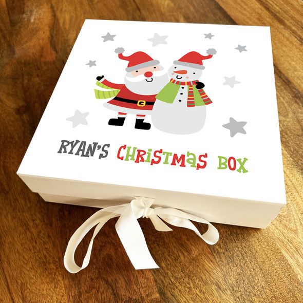 Santa Snowman Christmas Box Grey Stars Personalised Xmas Square Hamper Gift Box