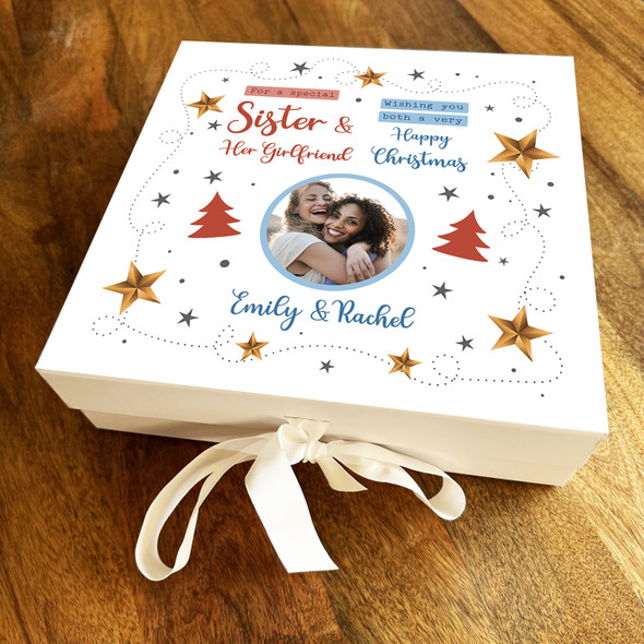 Sister & Her Girlfriend Happy Christmas Photo Stars Personalised Square Gift Box