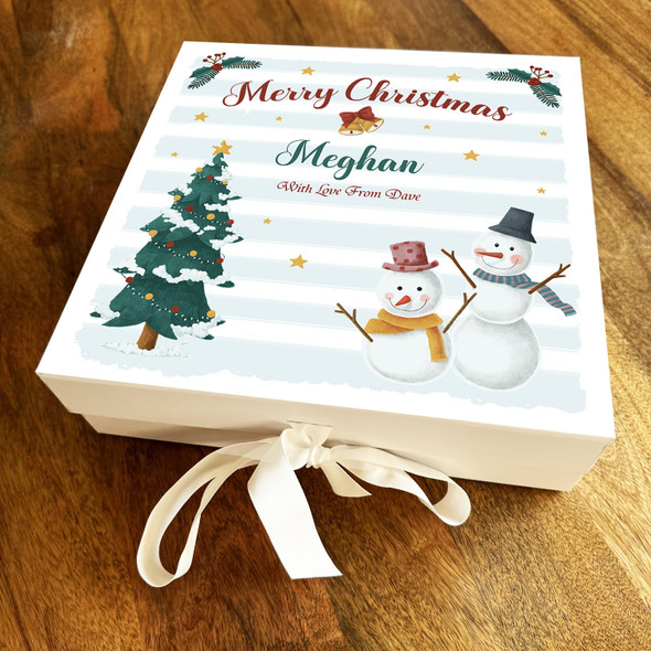 Snowmen Merry Christmas Tree Blue & White Stripes Personalised Square Gift Box