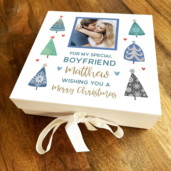 Special Boyfriend Merry Christmas Tree Blue Photo Personalised Square Gift Box