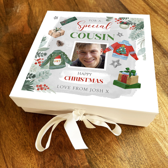 Special Cousin Happy Christmas Jumper Photo Personalised Square Hamper Gift Box