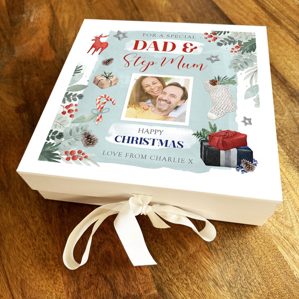 Special Dad & Step-Mum Happy Christmas Green Photo Personalised Square Gift Box
