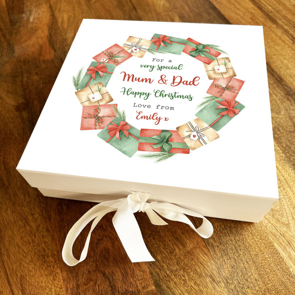 Special Mum & Dad Christmas Gift Present Box Wreath Personalised Square Gift Box