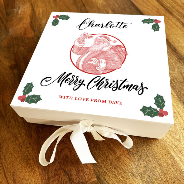 Vintage Christmas Santa Claus With Bell & Holly Border Personalised Gift Box