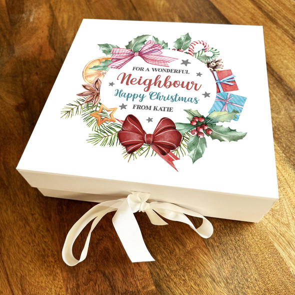 Wonderful Neighbour Happy Christmas Floral Wreath Personalised Square Gift Box