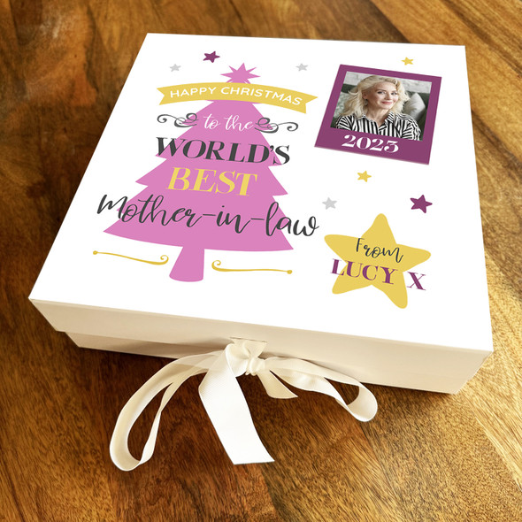 World's Best Mother-in-law Pink Christmas Tree Photo  Personalised Gift Box
