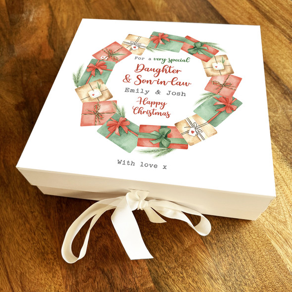 Daughter & Son-in-law Christmas Gift Present Wreath Personalised Square Gift Box