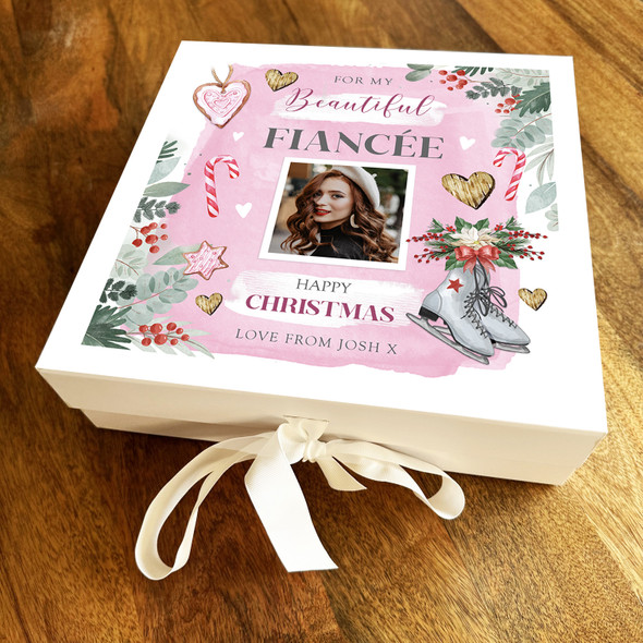 Fiancée Happy Christmas Photo Pink Winter Icons Border Personalised Gift Box