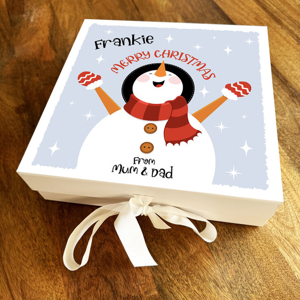 Happy Snowman Blue & Stars Merry Christmas Personalised Square Hamper Gift Box