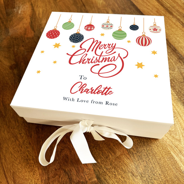 Merry Christmas Baubles Bright Festive Decor Stars Personalised Square Gift Box