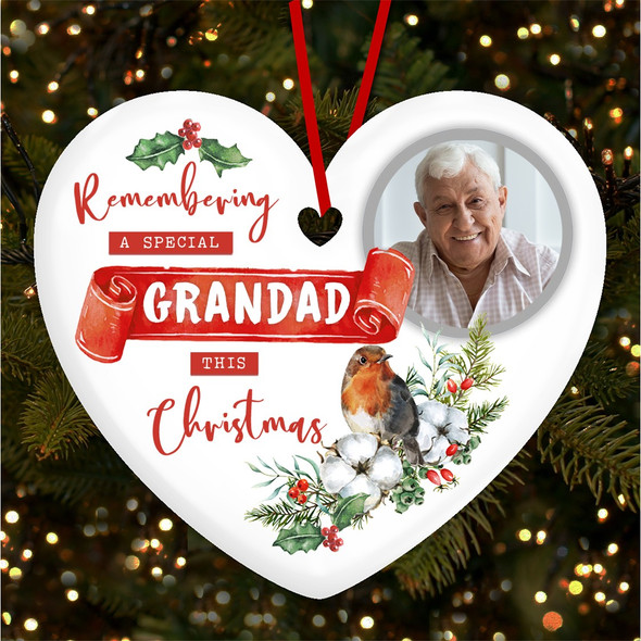 Remembering Grandad Memorial Robin Photo Custom Christmas Tree Bauble Decoration