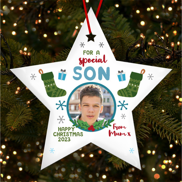 Special Son Green Stocking Photo Personalised Christmas Tree Ornament Decoration