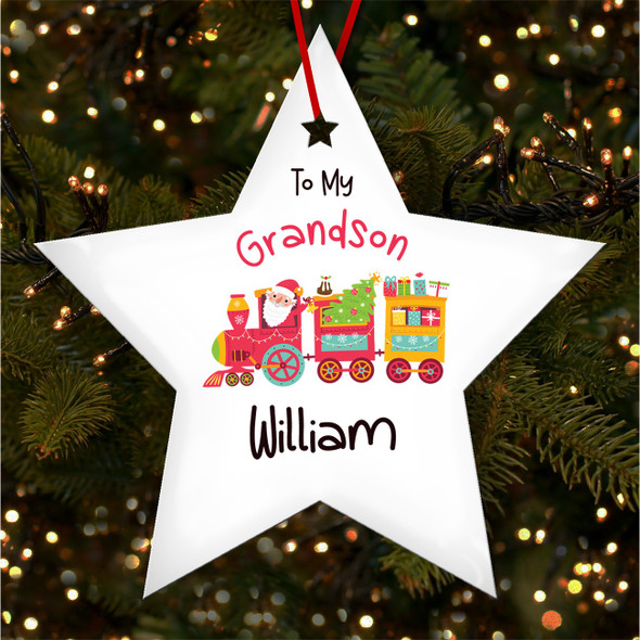To My Grandson Kids Bright Train Personalised Christmas Tree Ornament Decoration
