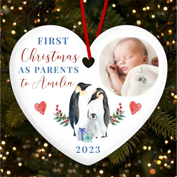First As Parents New Baby Penguin Photo Custom Christmas Tree Bauble Decoration