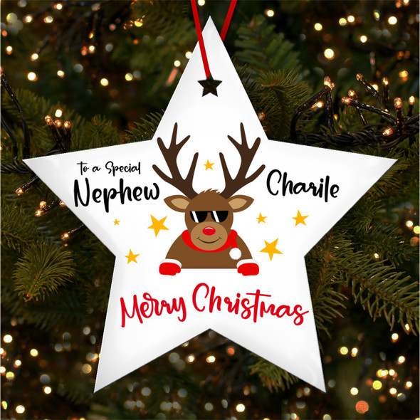 Special Nephew Cool Reindeer Sunglasses Custom Christmas Tree Bauble Decoration