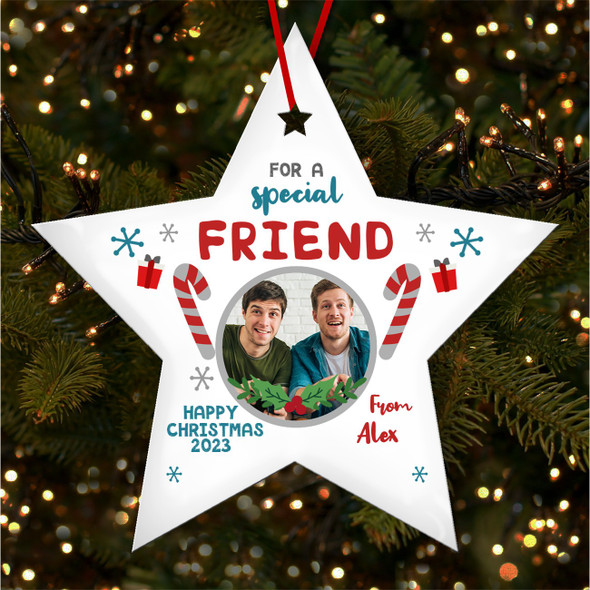 Special Friend Photo Candy Cane Personalised Christmas Tree Ornament Decoration