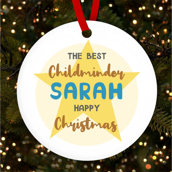 The Best Childminder Happy Star Personalised Christmas Tree Ornament Decoration