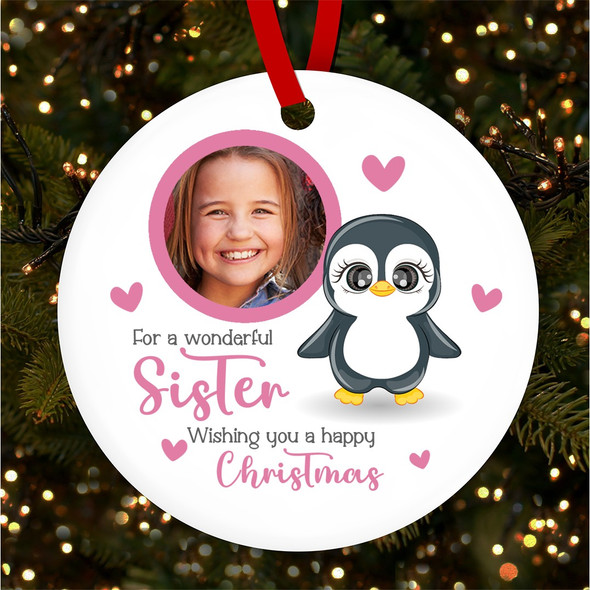 Wonderful Sister Penguin Photo Personalised Christmas Tree Ornament Decoration