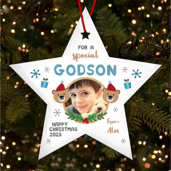 Special Godson Boy Bear Photo Personalised Christmas Tree Ornament Decoration