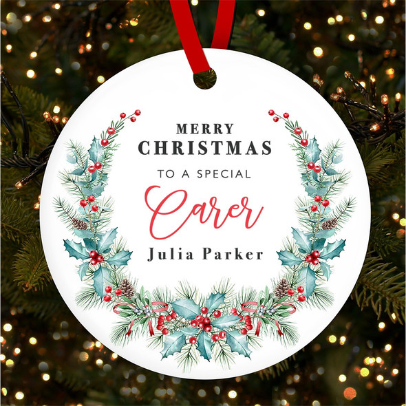 Special Carer Winter Berry Personalised Christmas Tree Ornament Decoration